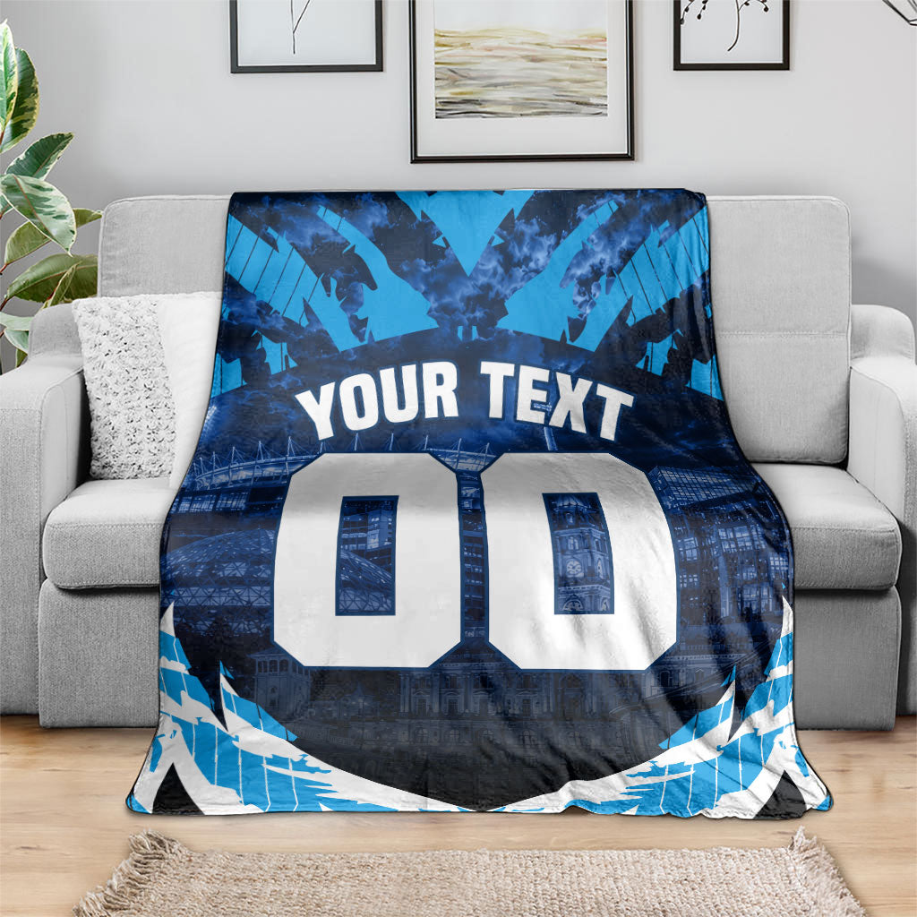 Personalised Geelong Cat Football Blanket Electric Blue Mascot Charging Cityscape