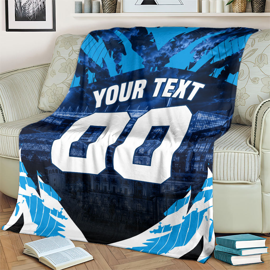 Personalised Geelong Cat Football Blanket Electric Blue Mascot Charging Cityscape