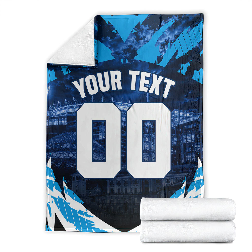 Personalised Geelong Cat Football Blanket Electric Blue Mascot Charging Cityscape