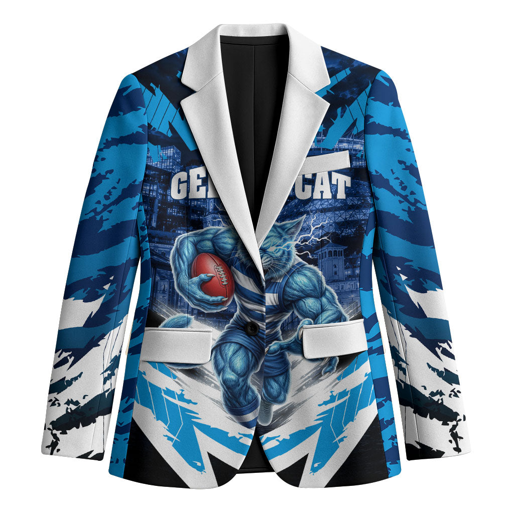 Personalised Geelong Cat Football Blazer Electric Blue Mascot Charging Cityscape
