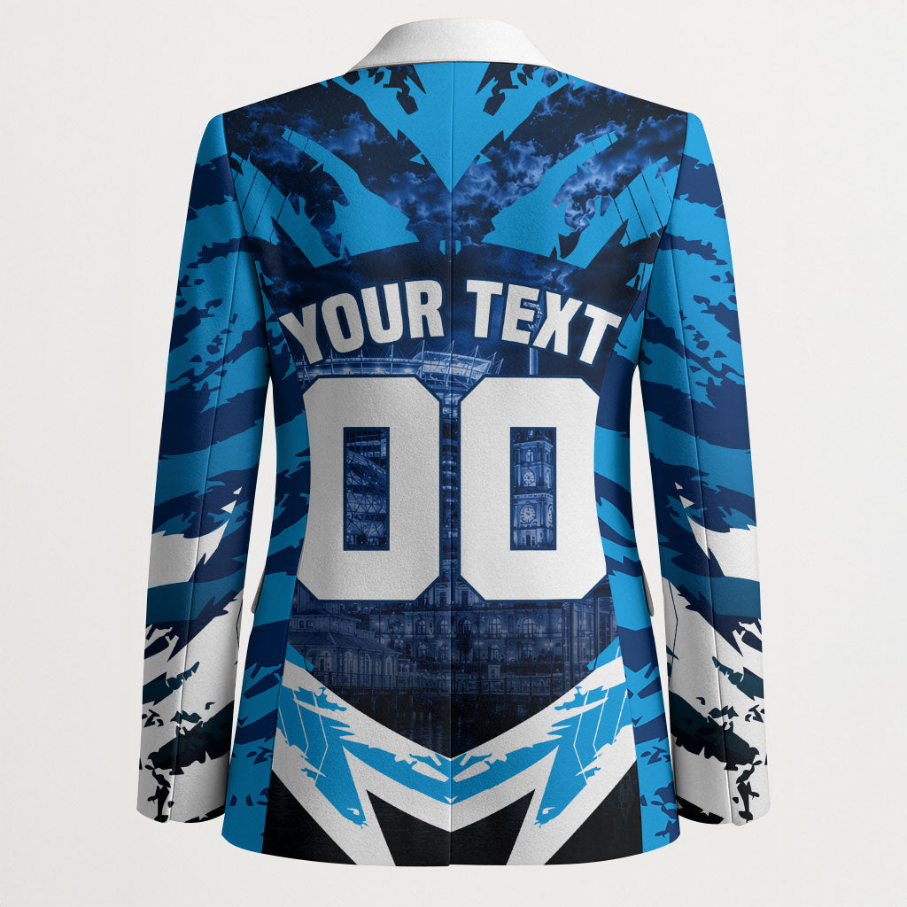 Personalised Geelong Cat Football Blazer Electric Blue Mascot Charging Cityscape