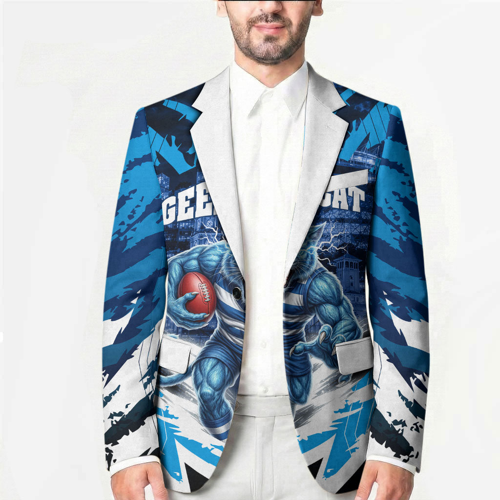 Personalised Geelong Cat Football Blazer Electric Blue Mascot Charging Cityscape