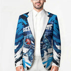 Personalised Geelong Cat Football Blazer Electric Blue Mascot Charging Cityscape