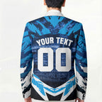 Personalised Geelong Cat Football Blazer Electric Blue Mascot Charging Cityscape