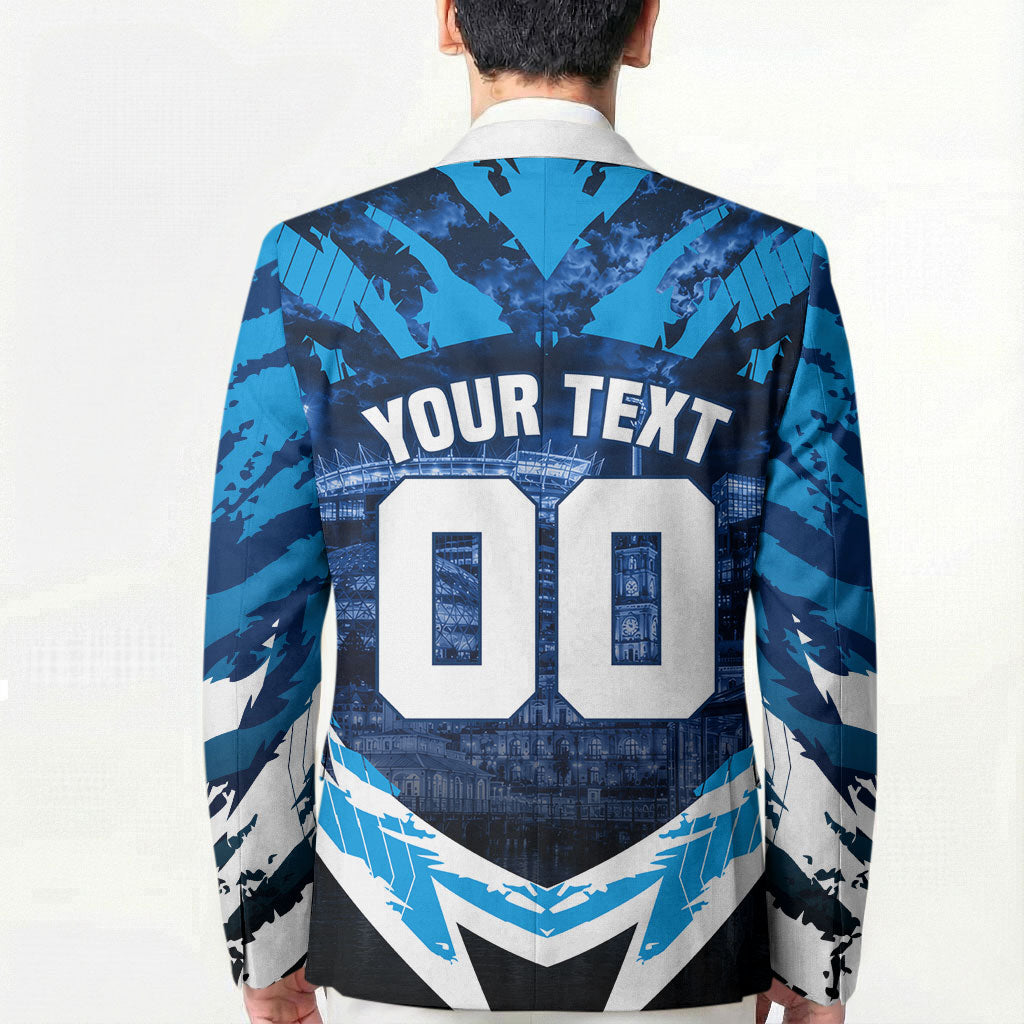 Personalised Geelong Cat Football Blazer Electric Blue Mascot Charging Cityscape