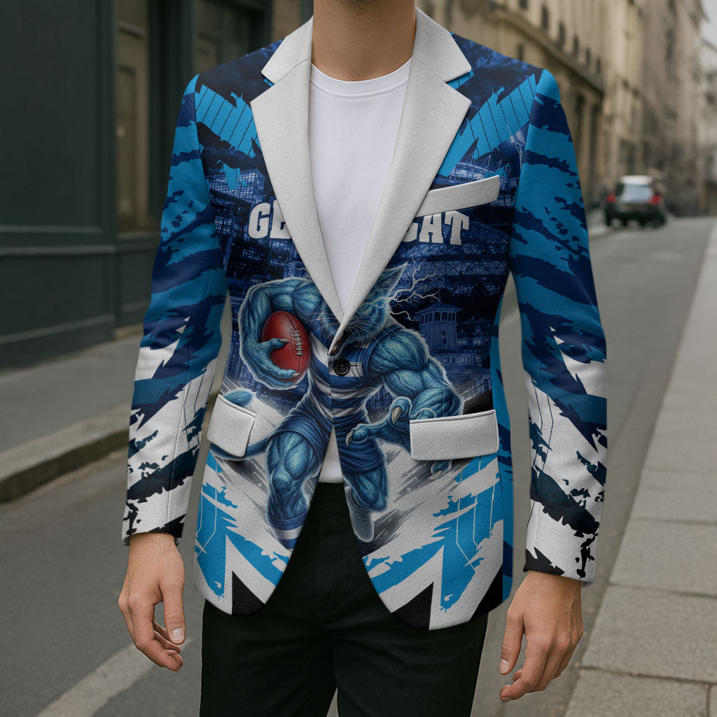 Personalised Geelong Cat Football Blazer Electric Blue Mascot Charging Cityscape