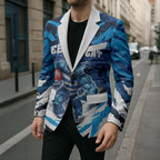 Personalised Geelong Cat Football Blazer Electric Blue Mascot Charging Cityscape