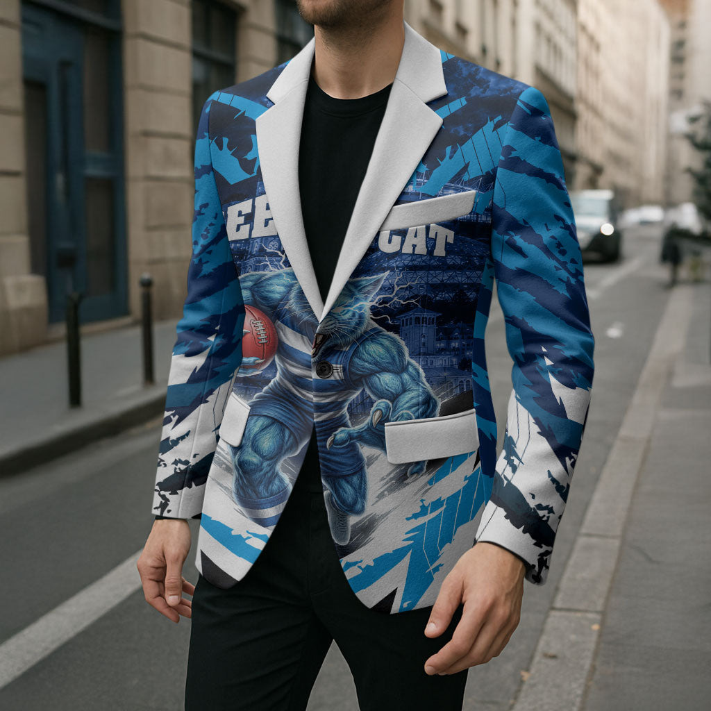 Personalised Geelong Cat Football Blazer Electric Blue Mascot Charging Cityscape