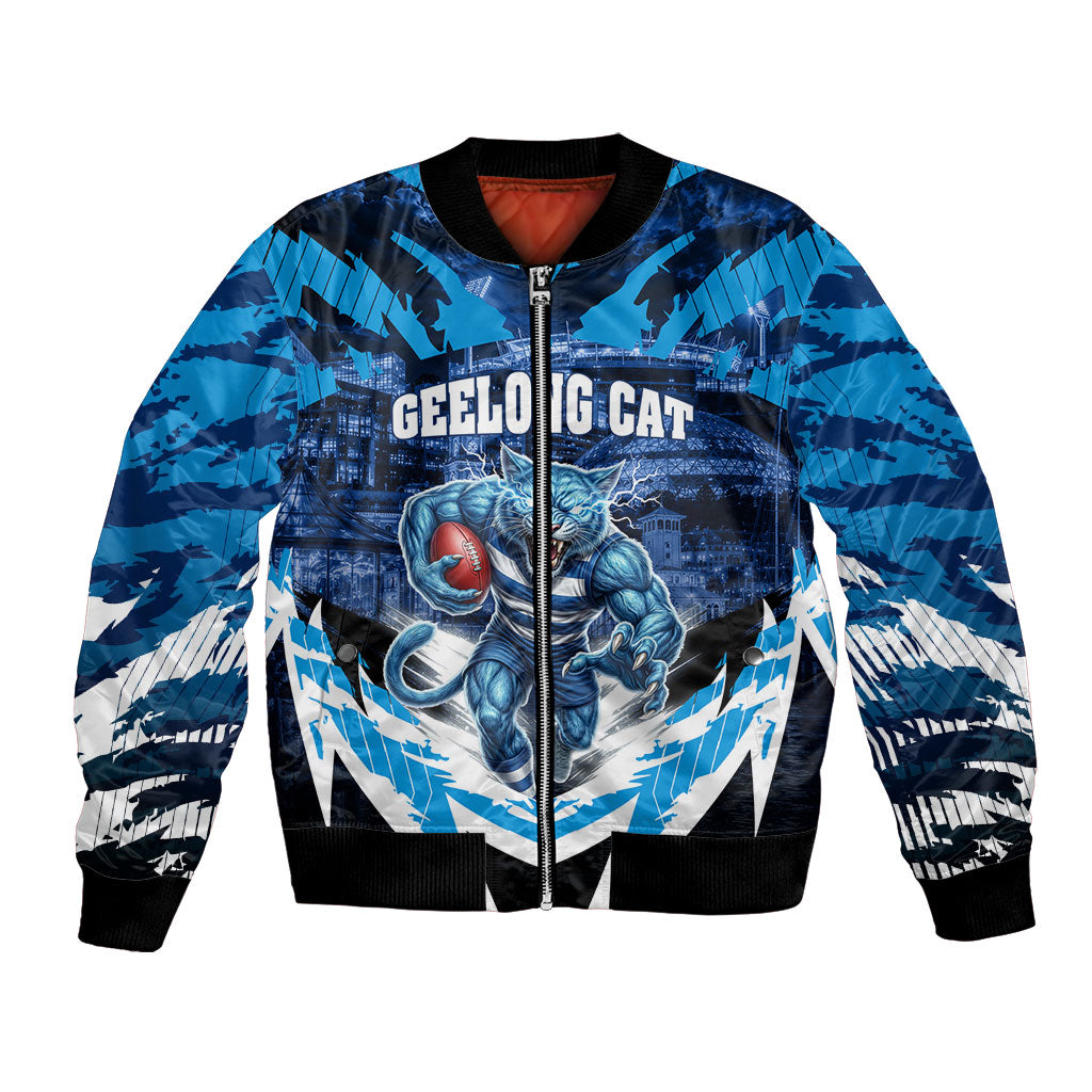 Personalised Geelong Cat Football Bomber Jacket Electric Blue Mascot Charging Cityscape