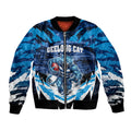 Personalised Geelong Cat Football Bomber Jacket Electric Blue Mascot Charging Cityscape