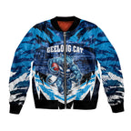 Personalised Geelong Cat Football Bomber Jacket Electric Blue Mascot Charging Cityscape