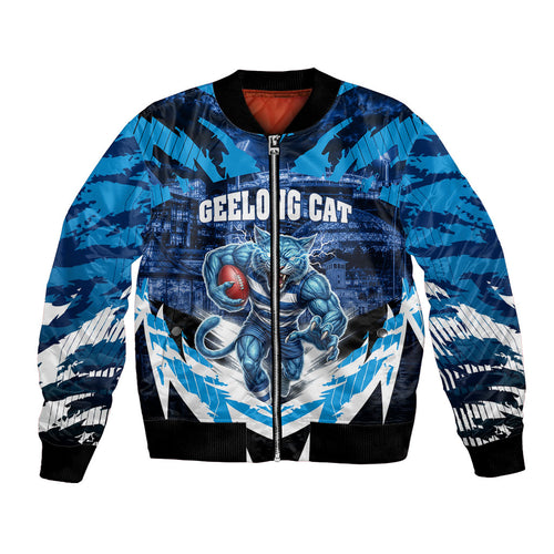 Personalised Geelong Cat Football Bomber Jacket Electric Blue Mascot Charging Cityscape