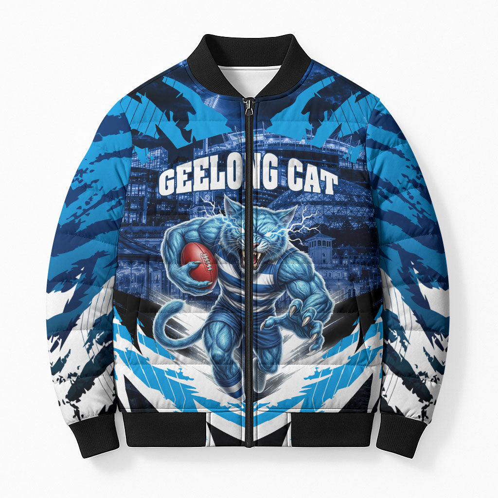 Personalised Geelong Cat Football Bomber Puffer Jacket Electric Blue Mascot Charging Cityscape