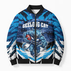 Personalised Geelong Cat Football Bomber Puffer Jacket Electric Blue Mascot Charging Cityscape