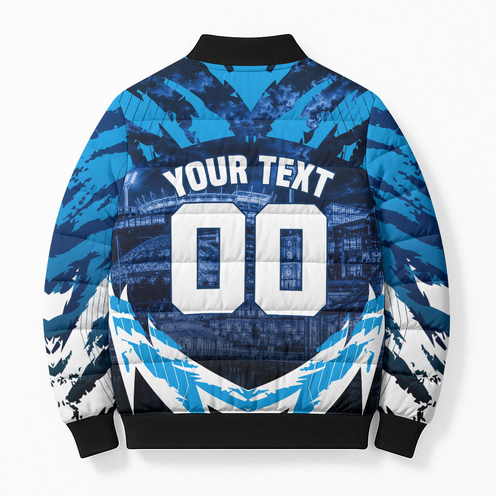 Personalised Geelong Cat Football Bomber Puffer Jacket Electric Blue Mascot Charging Cityscape