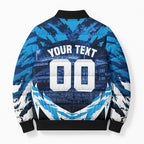 Personalised Geelong Cat Football Bomber Puffer Jacket Electric Blue Mascot Charging Cityscape
