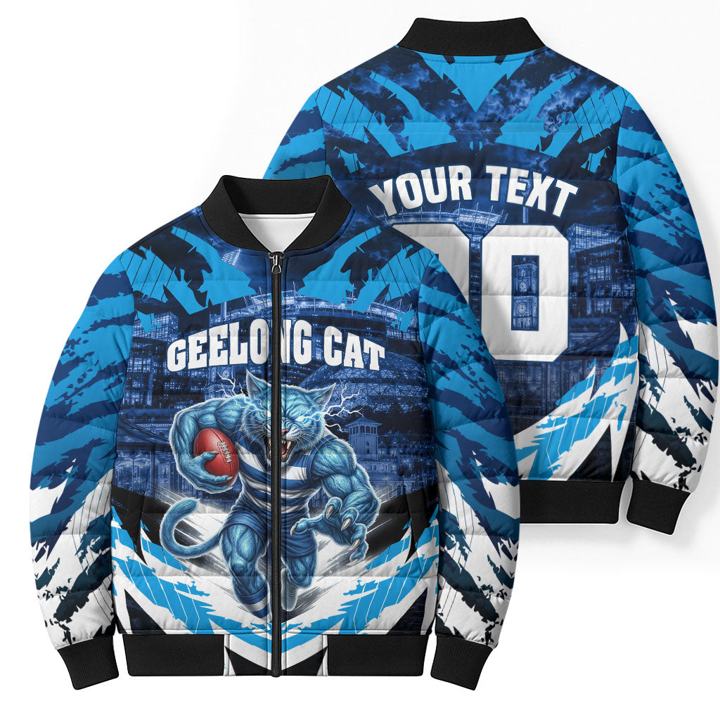 Personalised Geelong Cat Football Bomber Puffer Jacket Electric Blue Mascot Charging Cityscape