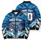 Personalised Geelong Cat Football Bomber Puffer Jacket Electric Blue Mascot Charging Cityscape