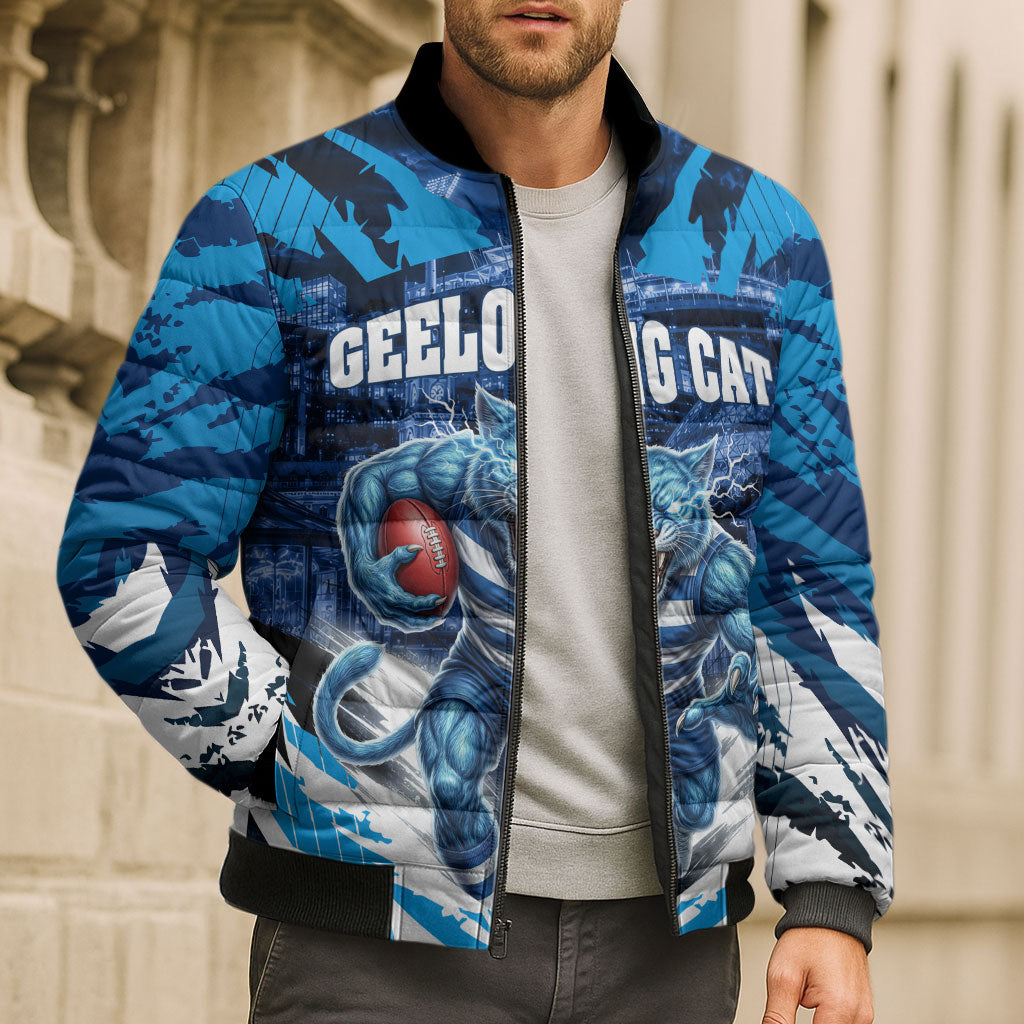 Personalised Geelong Cat Football Bomber Puffer Jacket Electric Blue Mascot Charging Cityscape