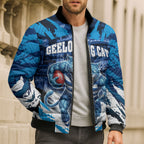 Personalised Geelong Cat Football Bomber Puffer Jacket Electric Blue Mascot Charging Cityscape