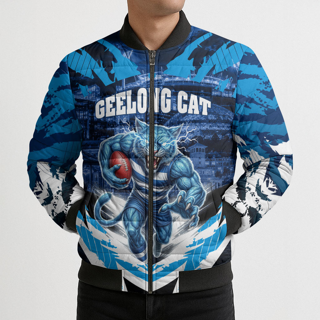 Personalised Geelong Cat Football Bomber Puffer Jacket Electric Blue Mascot Charging Cityscape