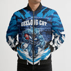 Personalised Geelong Cat Football Bomber Puffer Jacket Electric Blue Mascot Charging Cityscape