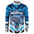 Personalised Geelong Cat Football Button Sweatshirt Electric Blue Mascot Charging Cityscape