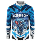 Personalised Geelong Cat Football Button Sweatshirt Electric Blue Mascot Charging Cityscape