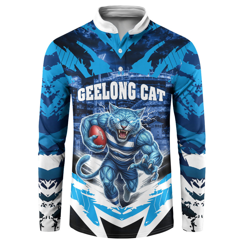 Personalised Geelong Cat Football Button Sweatshirt Electric Blue Mascot Charging Cityscape