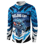 Personalised Geelong Cat Football Button Sweatshirt Electric Blue Mascot Charging Cityscape