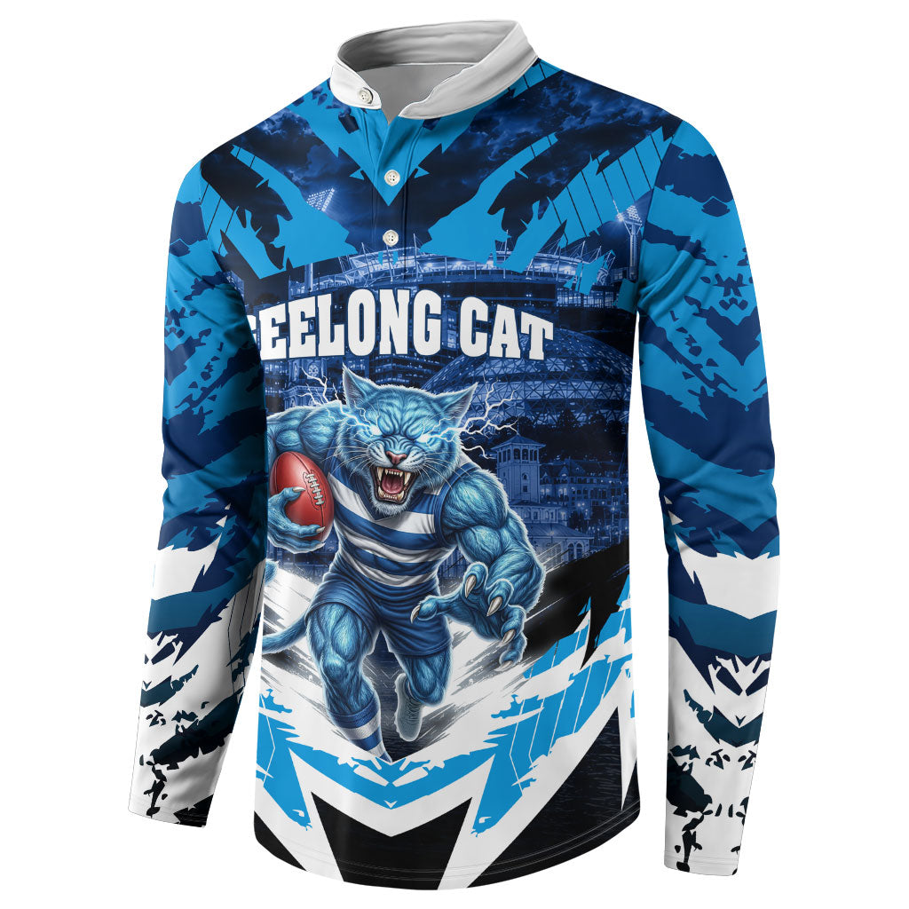 Personalised Geelong Cat Football Button Sweatshirt Electric Blue Mascot Charging Cityscape