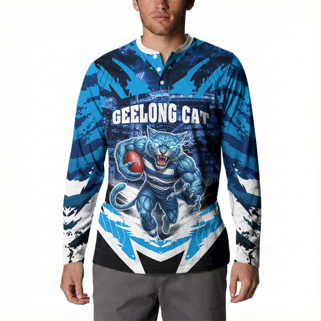 Personalised Geelong Cat Football Button Sweatshirt Electric Blue Mascot Charging Cityscape