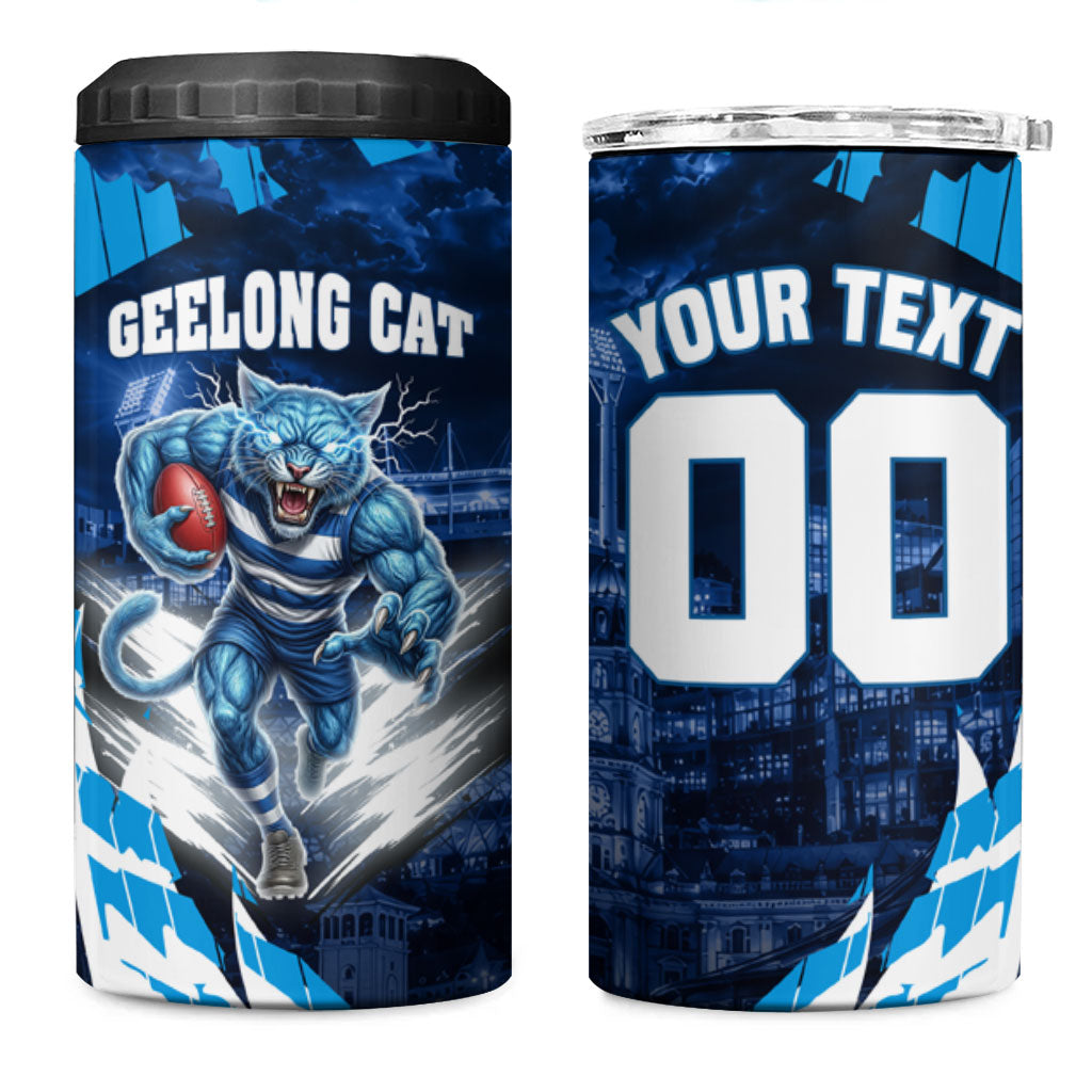 Personalised Geelong Cat Football 4 in 1 Can Cooler Tumbler Electric Blue Mascot Charging Cityscape