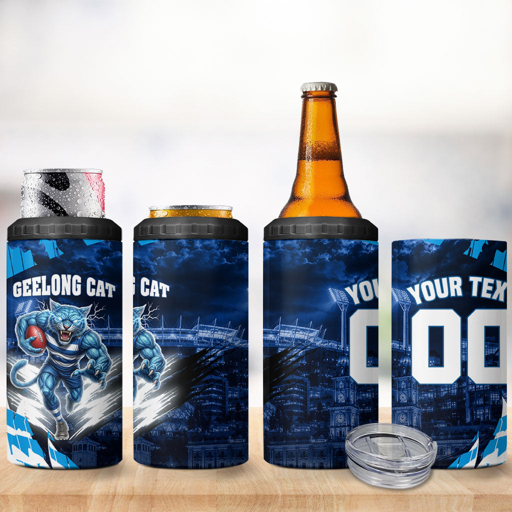 Personalised Geelong Cat Football 4 in 1 Can Cooler Tumbler Electric Blue Mascot Charging Cityscape