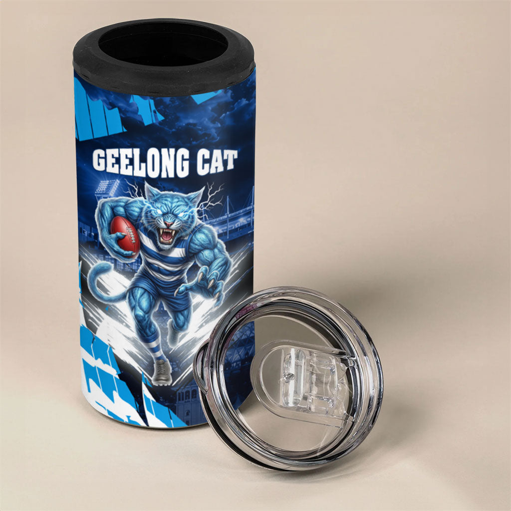 Personalised Geelong Cat Football 4 in 1 Can Cooler Tumbler Electric Blue Mascot Charging Cityscape