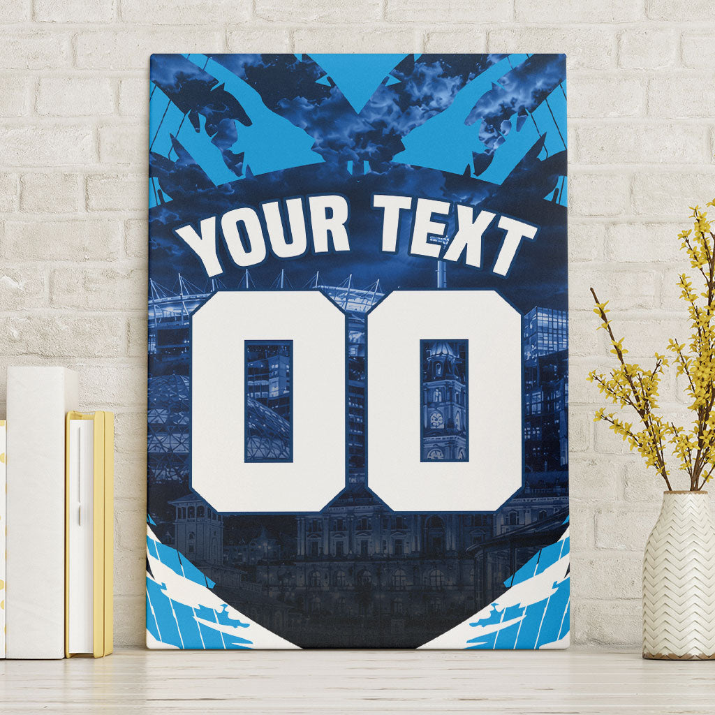 Personalised Geelong Cat Football Canvas Wall Art Electric Blue Mascot Charging Cityscape