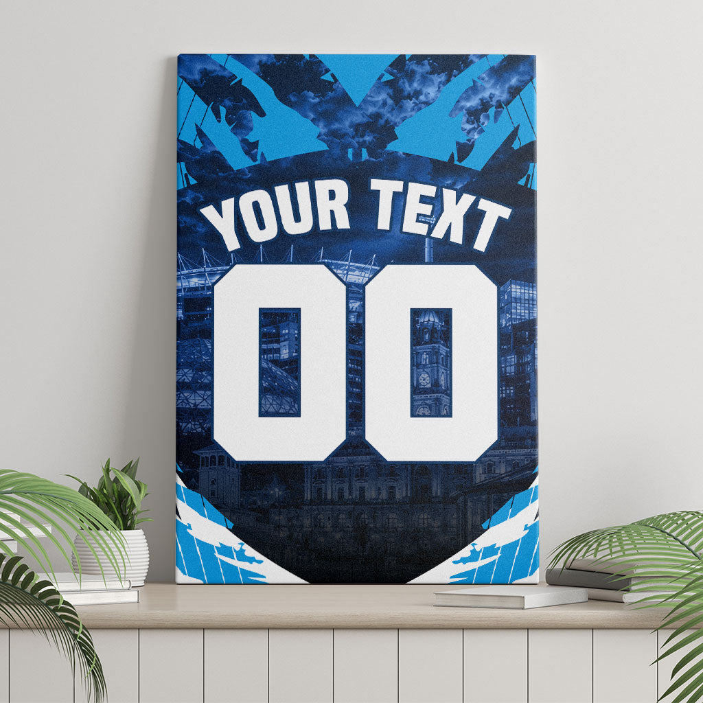 Personalised Geelong Cat Football Canvas Wall Art Electric Blue Mascot Charging Cityscape