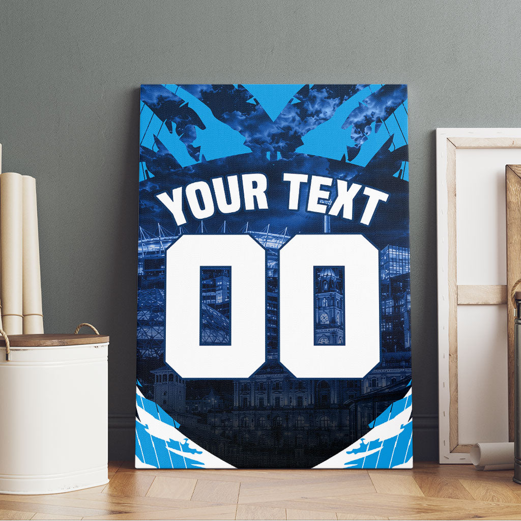 Personalised Geelong Cat Football Canvas Wall Art Electric Blue Mascot Charging Cityscape