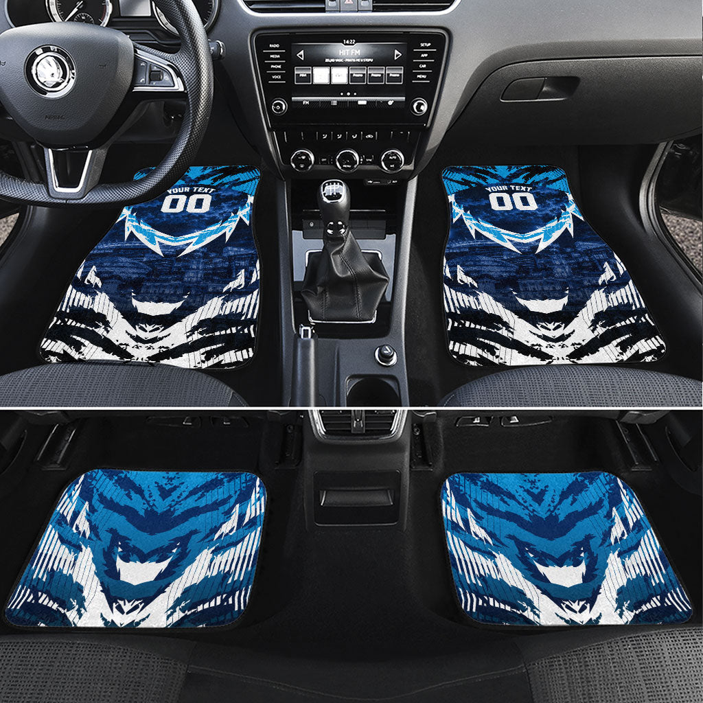 Personalised Geelong Cat Football Car Mats Electric Blue Mascot Charging Cityscape
