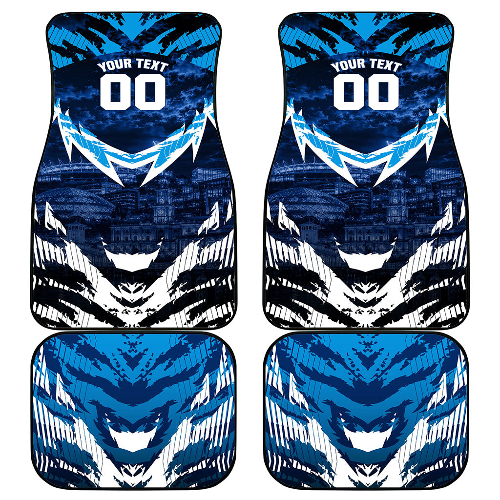 Personalised Geelong Cat Football Car Mats Electric Blue Mascot Charging Cityscape