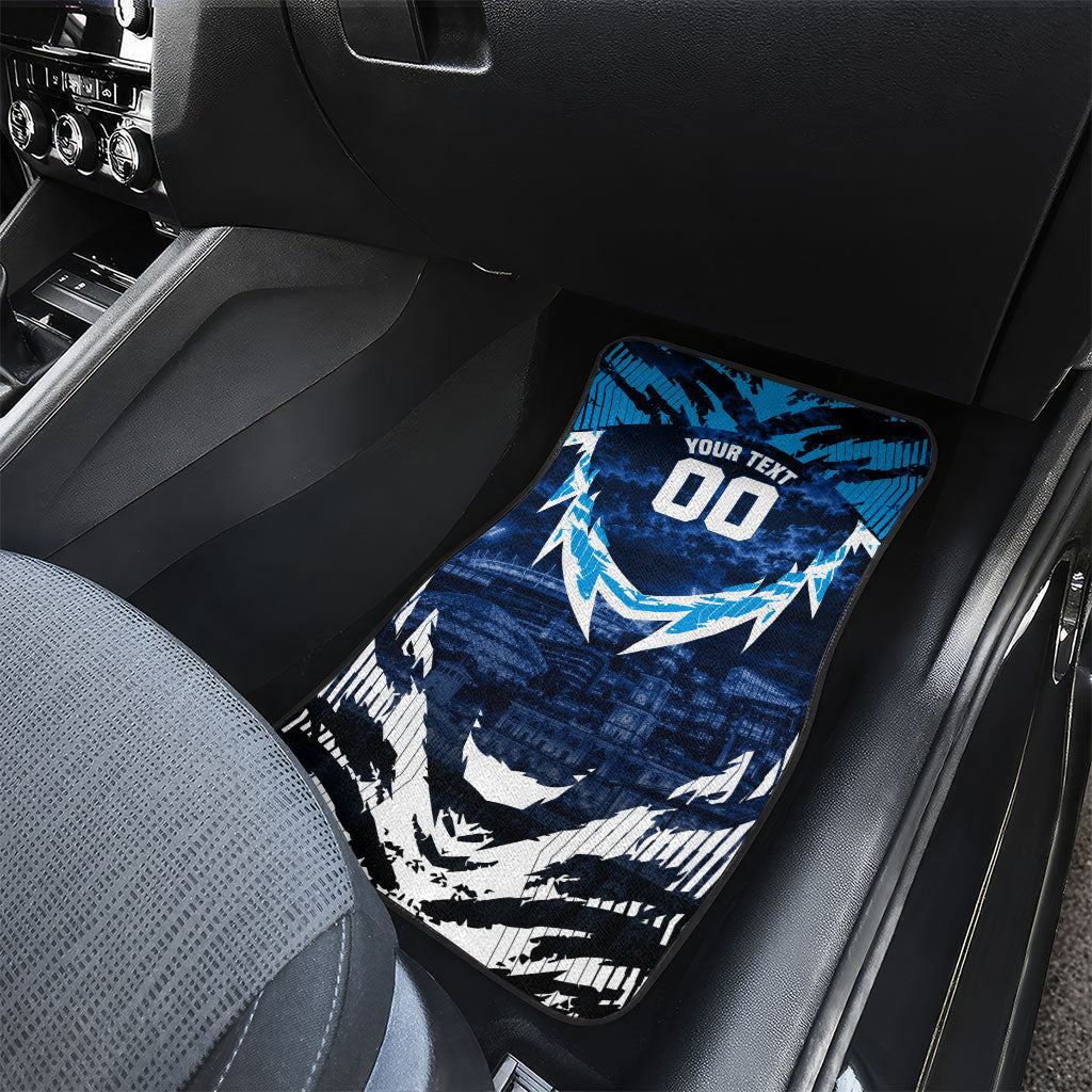 Personalised Geelong Cat Football Car Mats Electric Blue Mascot Charging Cityscape