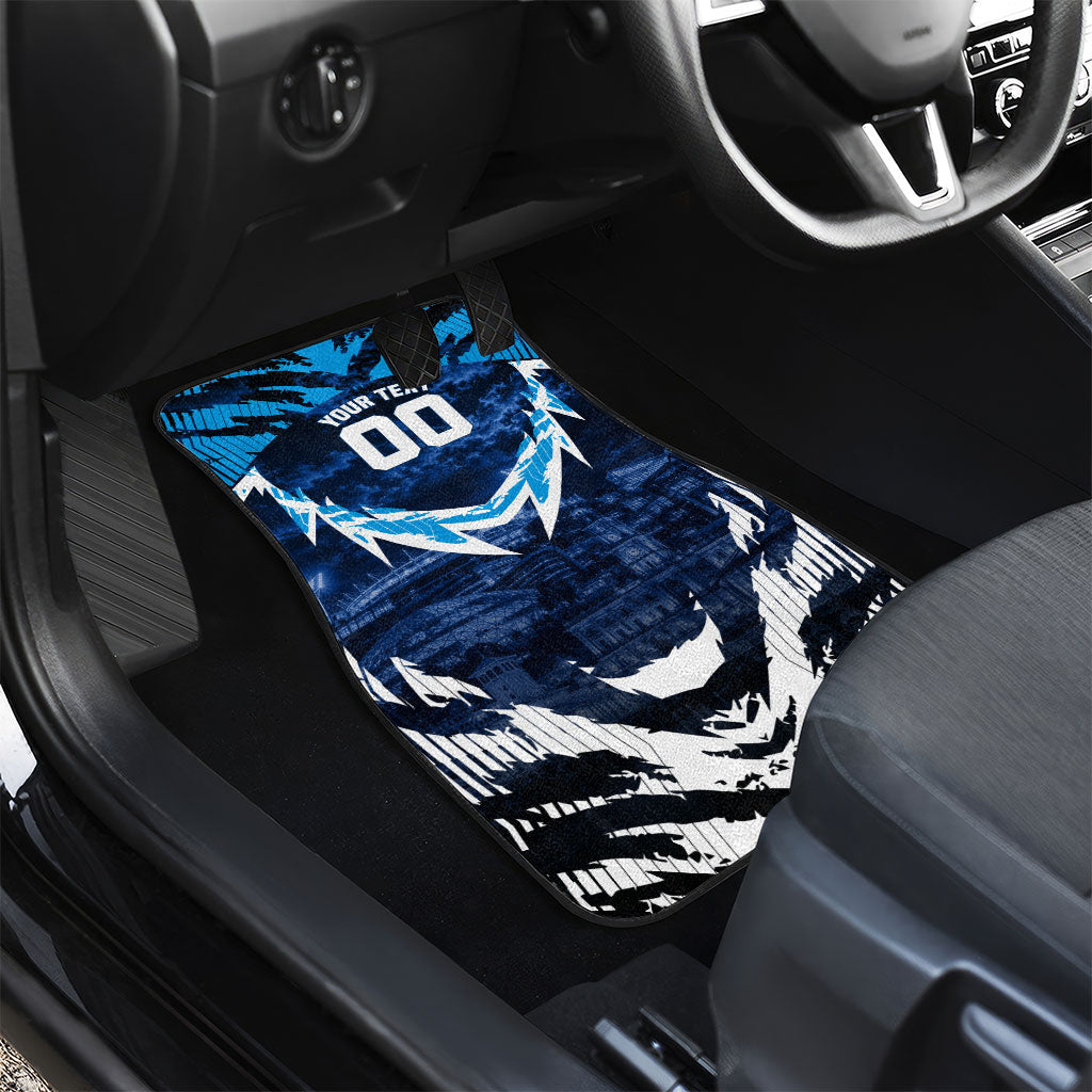Personalised Geelong Cat Football Car Mats Electric Blue Mascot Charging Cityscape