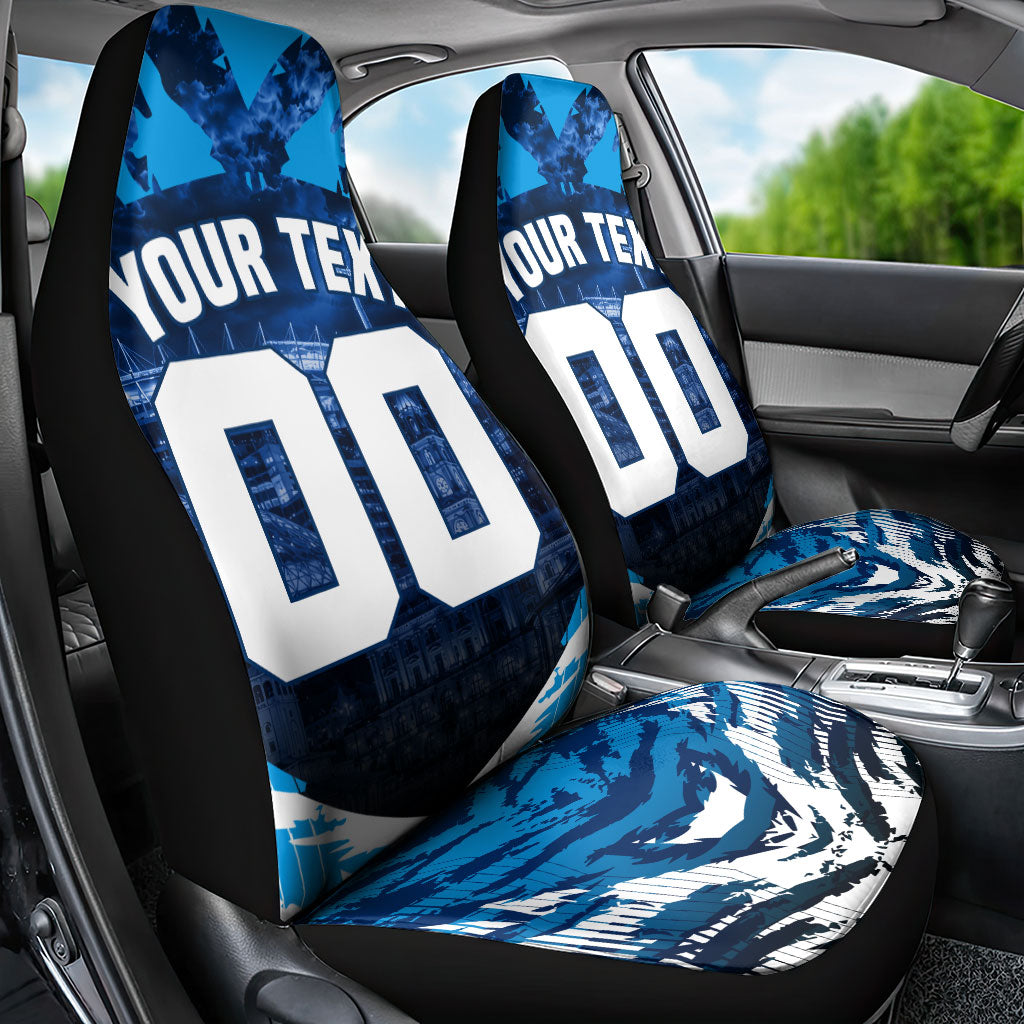 Personalised Geelong Cat Football Car Seat Cover Electric Blue Mascot Charging Cityscape