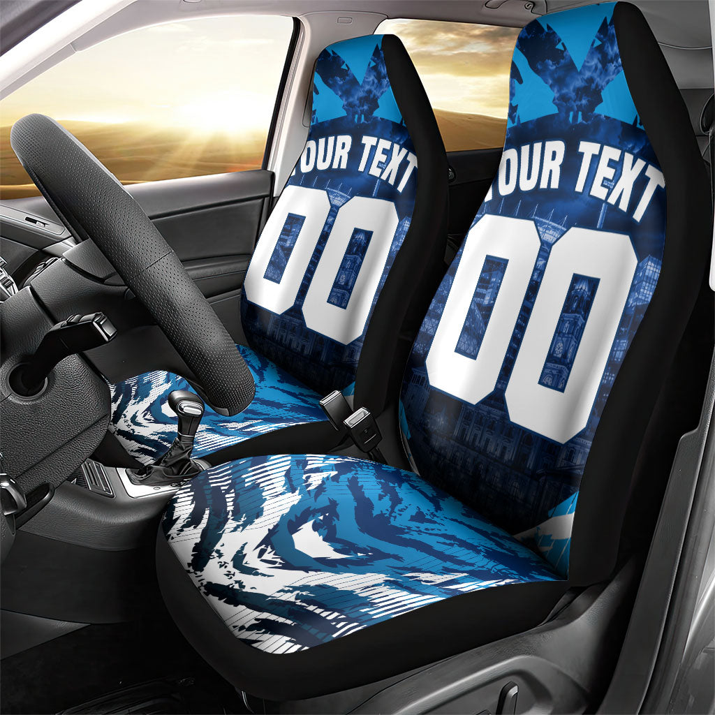 Personalised Geelong Cat Football Car Seat Cover Electric Blue Mascot Charging Cityscape