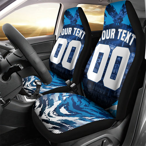 Personalised Geelong Cat Football Car Seat Cover Electric Blue Mascot Charging Cityscape