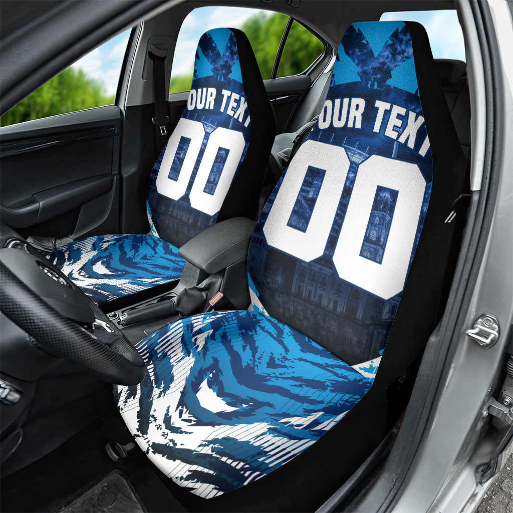 Personalised Geelong Cat Football Car Seat Cover Electric Blue Mascot Charging Cityscape