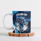 Personalised Geelong Cat Football Ceramic Mug Electric Blue Mascot Charging Cityscape