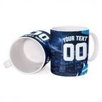 Personalised Geelong Cat Football Ceramic Mug Electric Blue Mascot Charging Cityscape