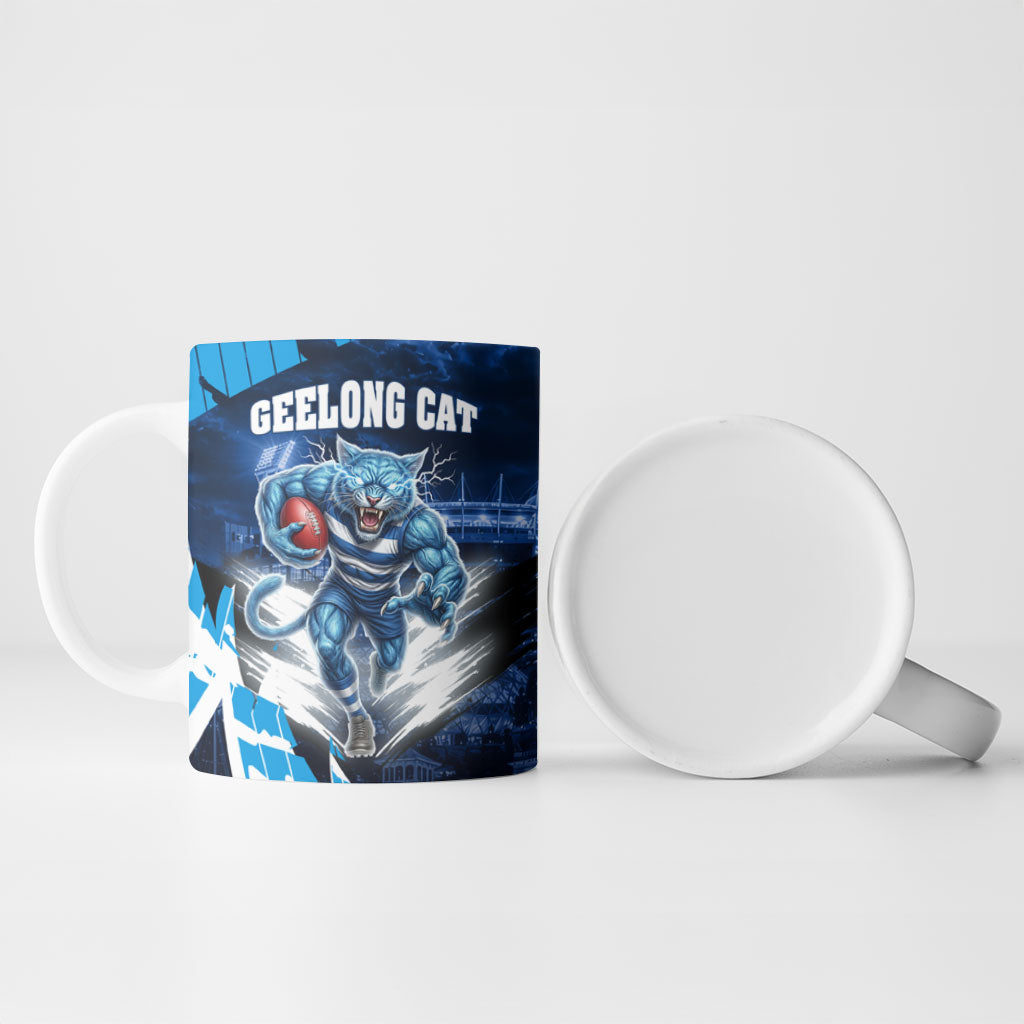 Personalised Geelong Cat Football Ceramic Mug Electric Blue Mascot Charging Cityscape