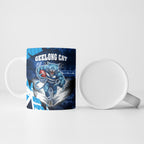 Personalised Geelong Cat Football Ceramic Mug Electric Blue Mascot Charging Cityscape